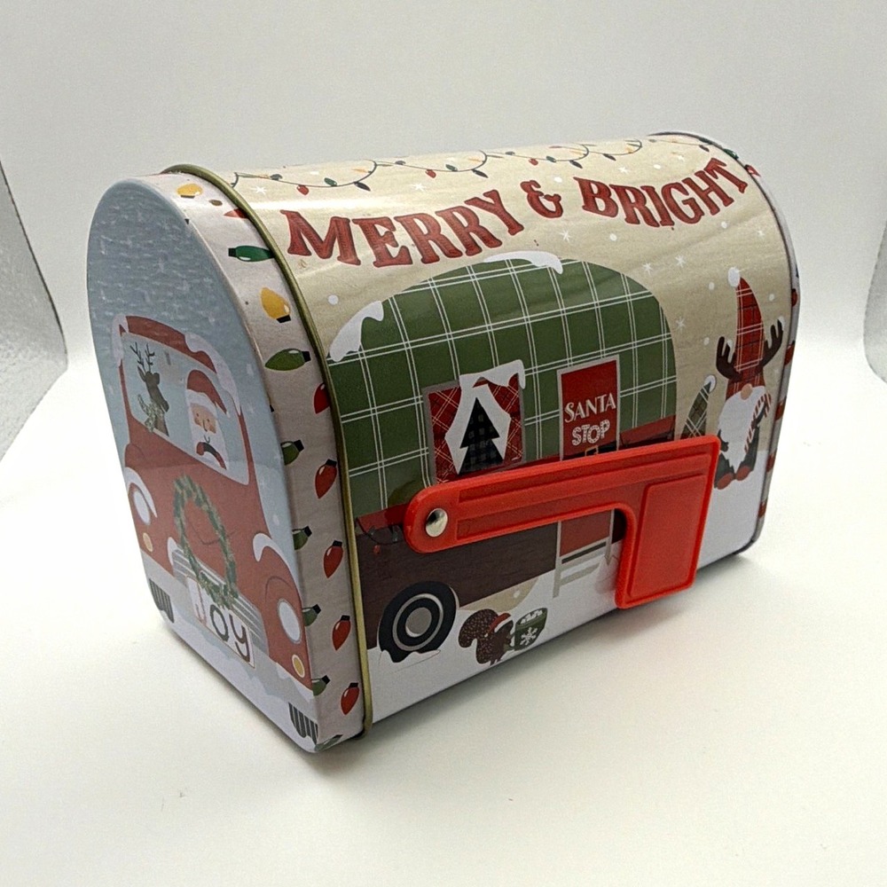 Christmas Mailbox Tin Box Merry & Bright Santa Stop Red Truck Gnome Decor